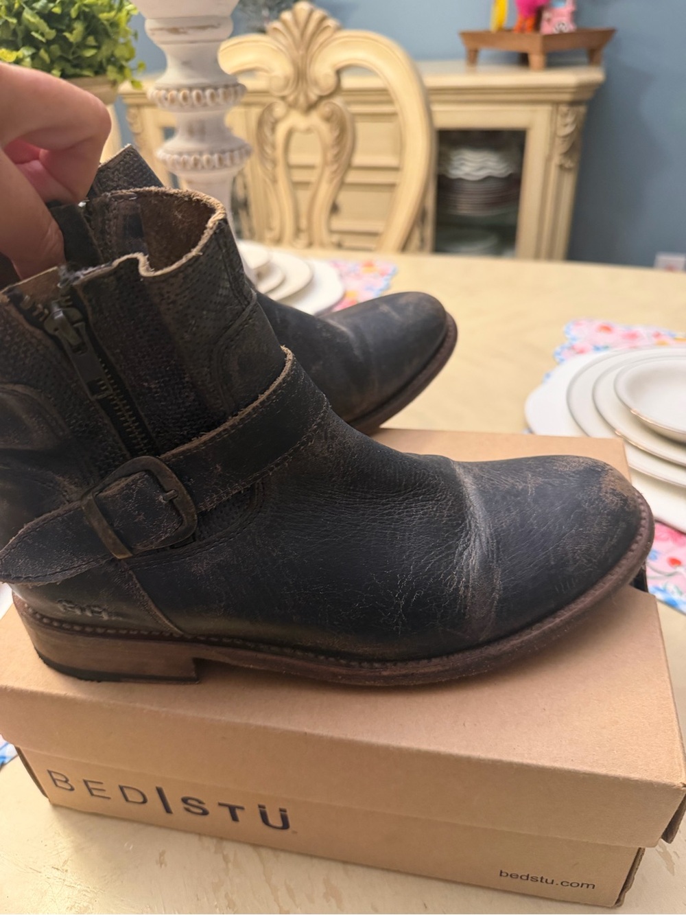 BED|STU Black Leather Harness Ankle Boots with Brass Buckle - Picture 4 of 5